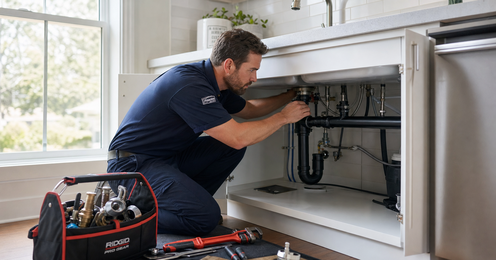 CM Plumbing & Heating — local plumber fixing a kitchen sink in Buckley, Flintshire
