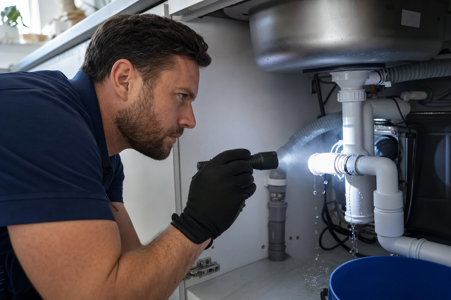 Plumber detecting a pipe leak under a kitchen sink in Flintshire